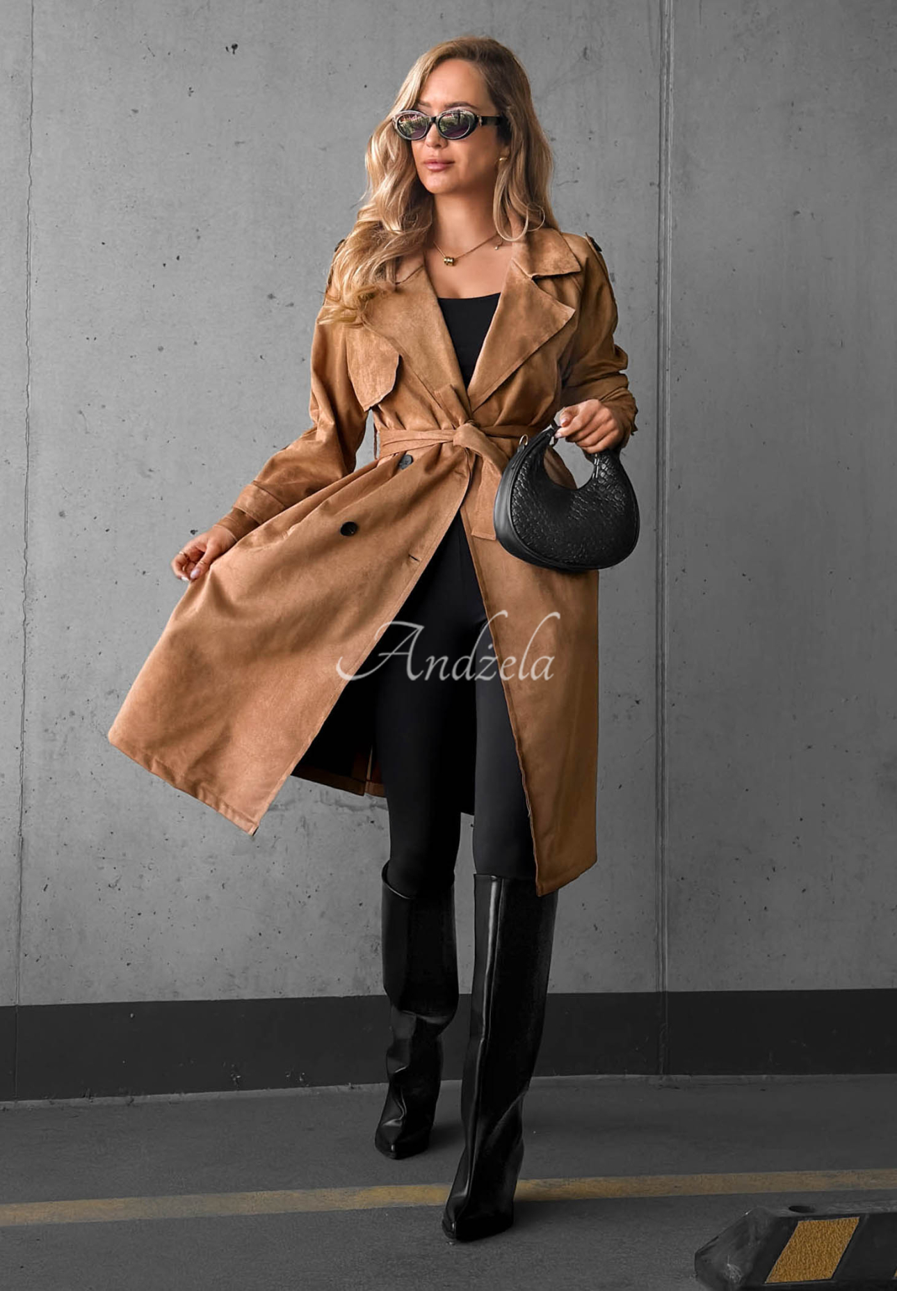 Semišový dvouřadý trenčkot s páskem Autumn Honey velbloudí