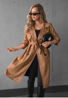 Dlouhý zamszowy Kabát trencz paskiem Autumn Honey velbloudí