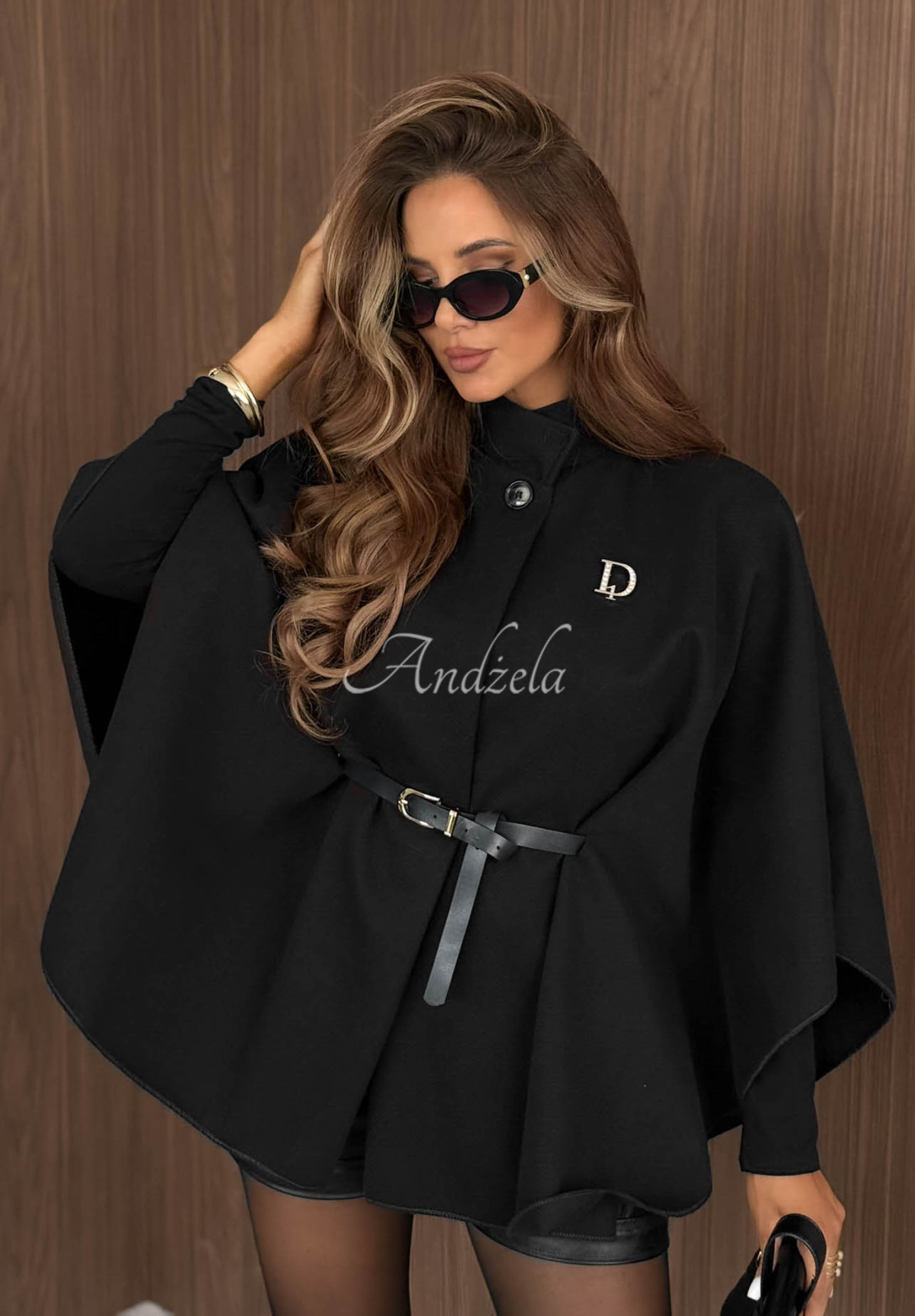 Elegantní pončo kabát s páskem Autumn Lady Černé