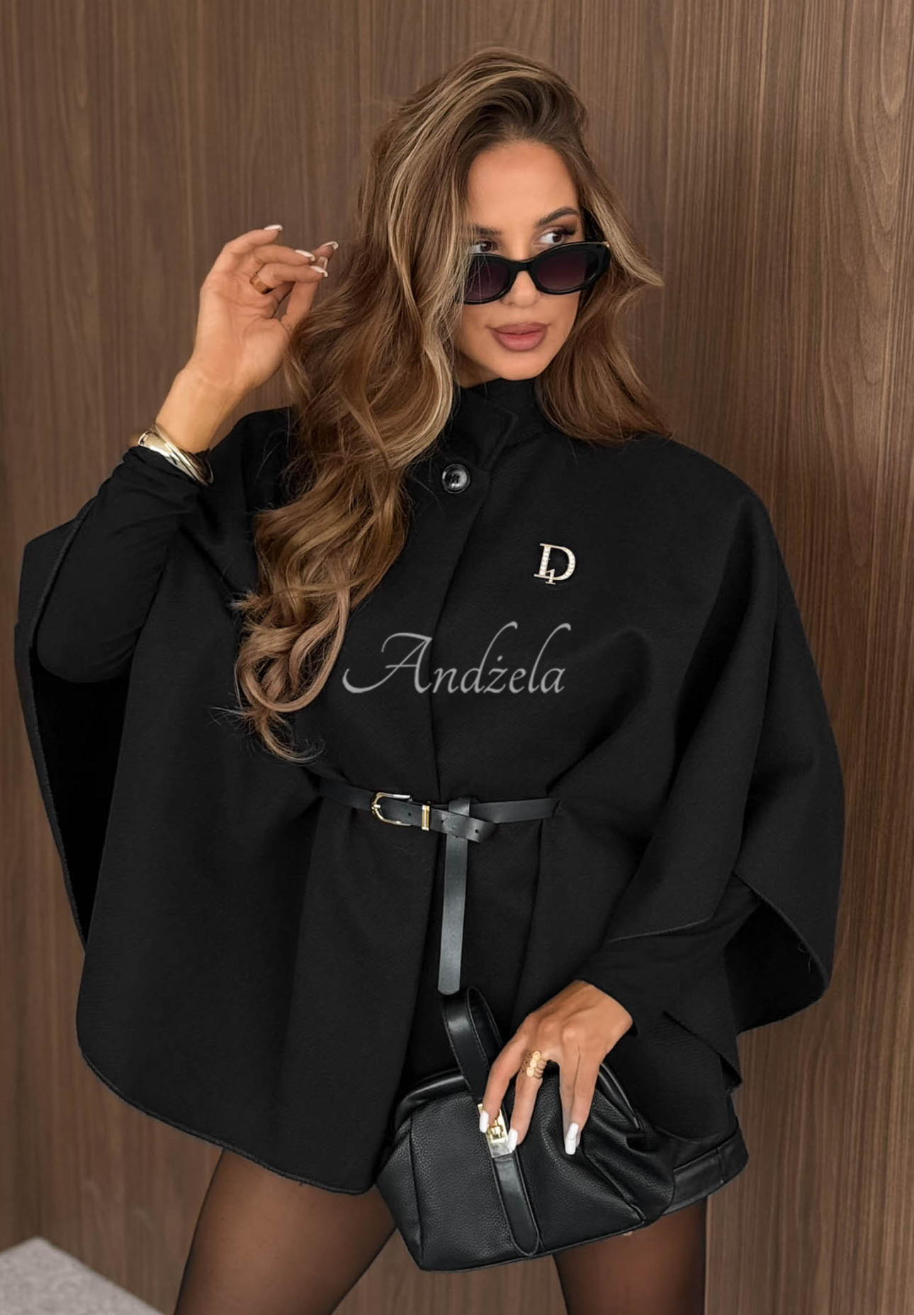 Elegantní pončo kabát s páskem Autumn Lady Černé