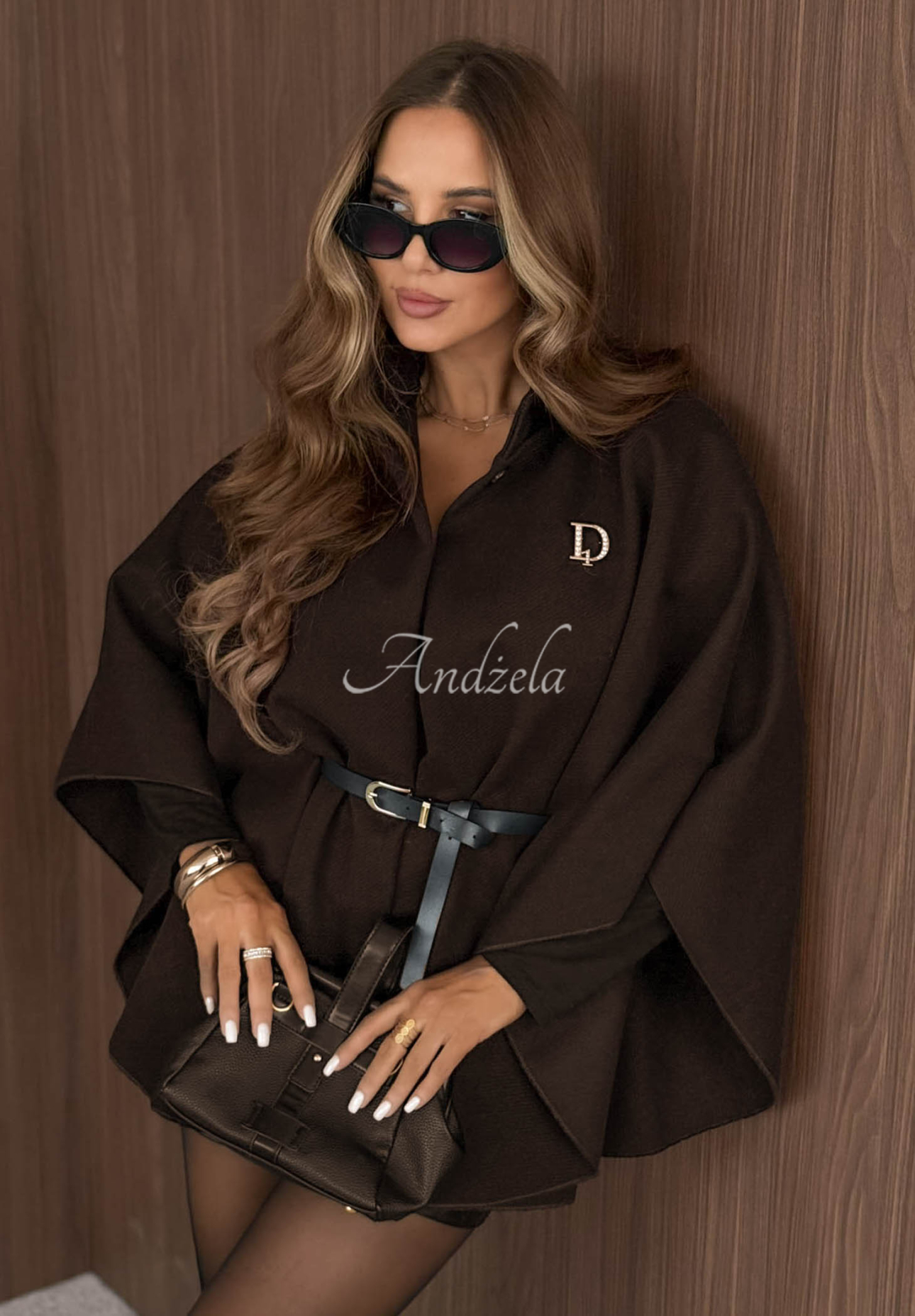 Elegantní pončo kabát s páskem Autumn Lady čokoládový