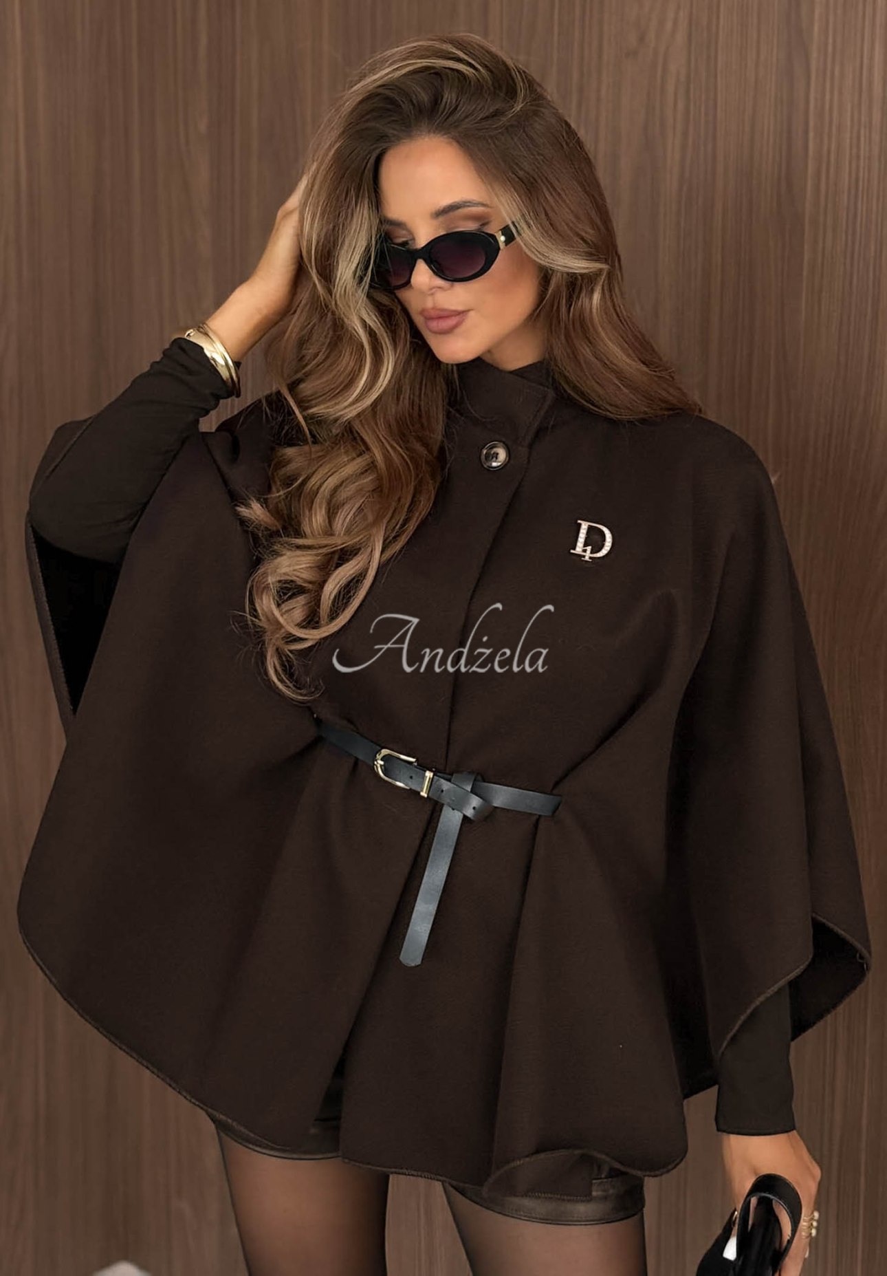 Elegantní pončo kabát s páskem Autumn Lady čokoládový