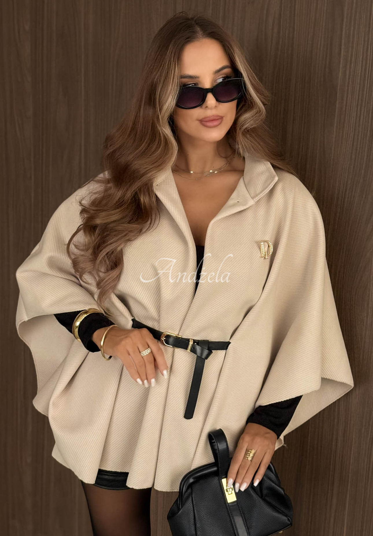 Elegantní pončo kabát s páskem Autumn Lady béžový