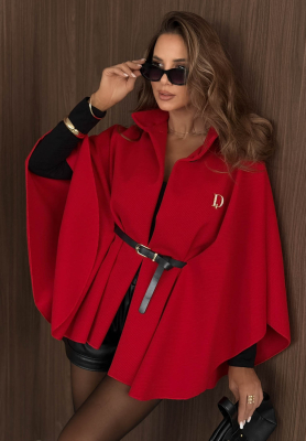 Elegantní pončo kabát s páskem Autumn Lady červený