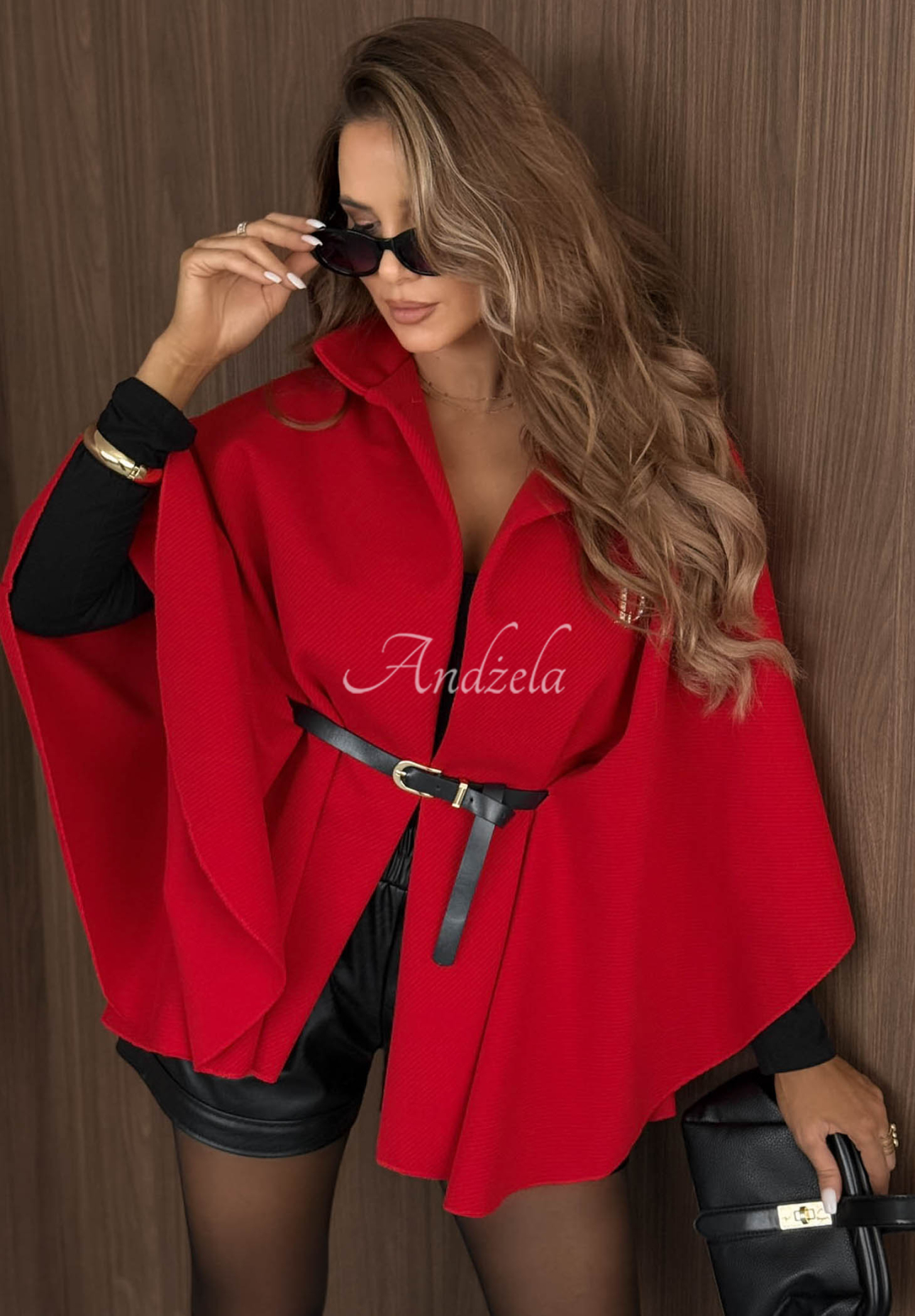 Elegantní pončo kabát s páskem Autumn Lady červený