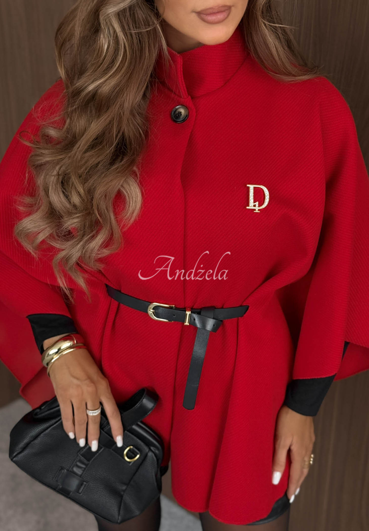 Elegantní pončo kabát s páskem Autumn Lady červený