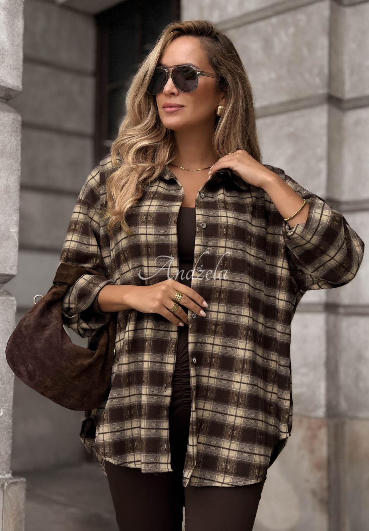 Asymetrická károvaná košile s viskózou Autumn Poetry čokoládová