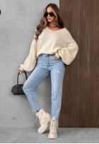 Kalhoty džínové  mom fit z paskiem Simple Charm světle modré