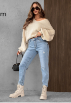 Kalhoty džínové  mom fit z paskiem Simple Charm světle modré