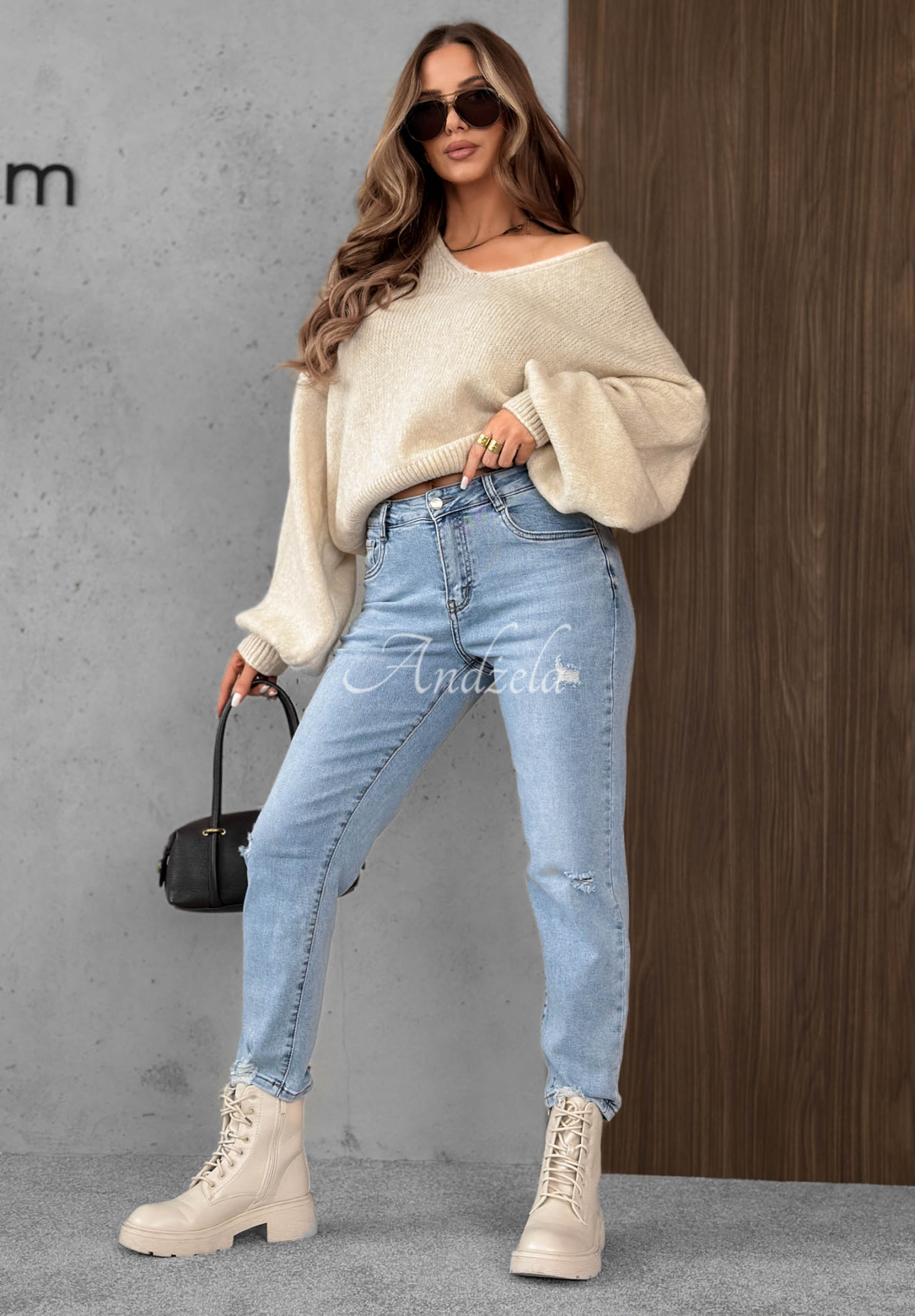 Džíny mom fit s páskem Simple Charm světle modré