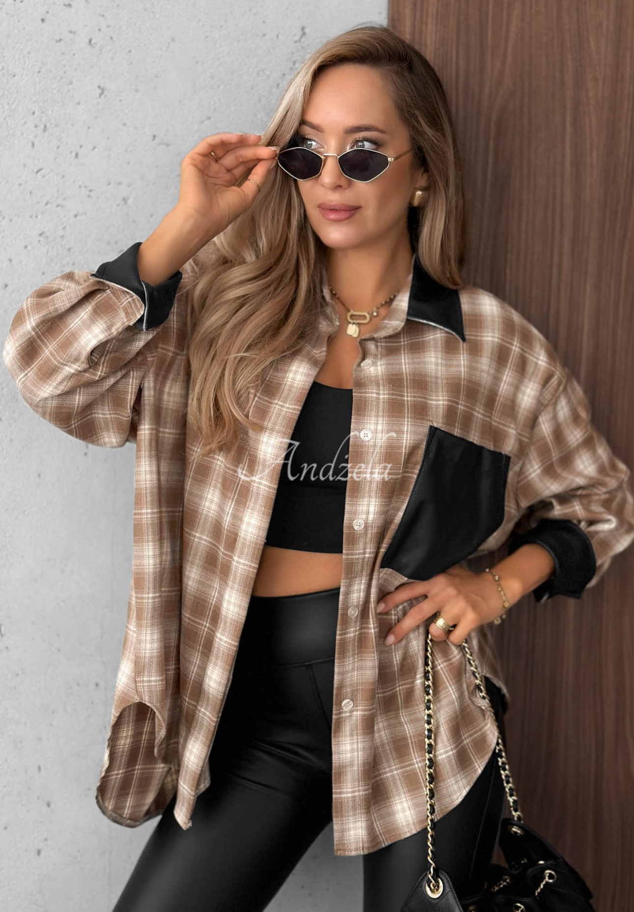 Viskózová károvaná košile s koženými prvky Honey Morning velbloudí