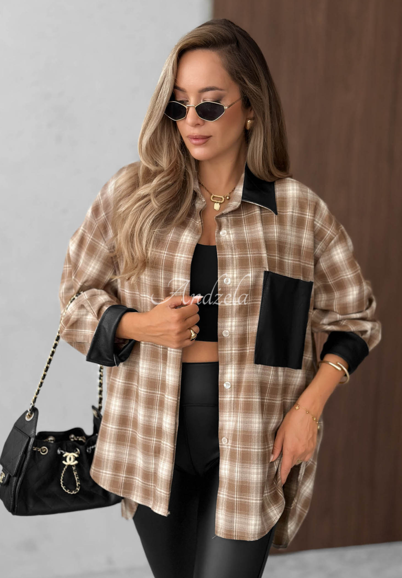 Viskózová károvaná košile s koženými prvky Honey Morning velbloudí