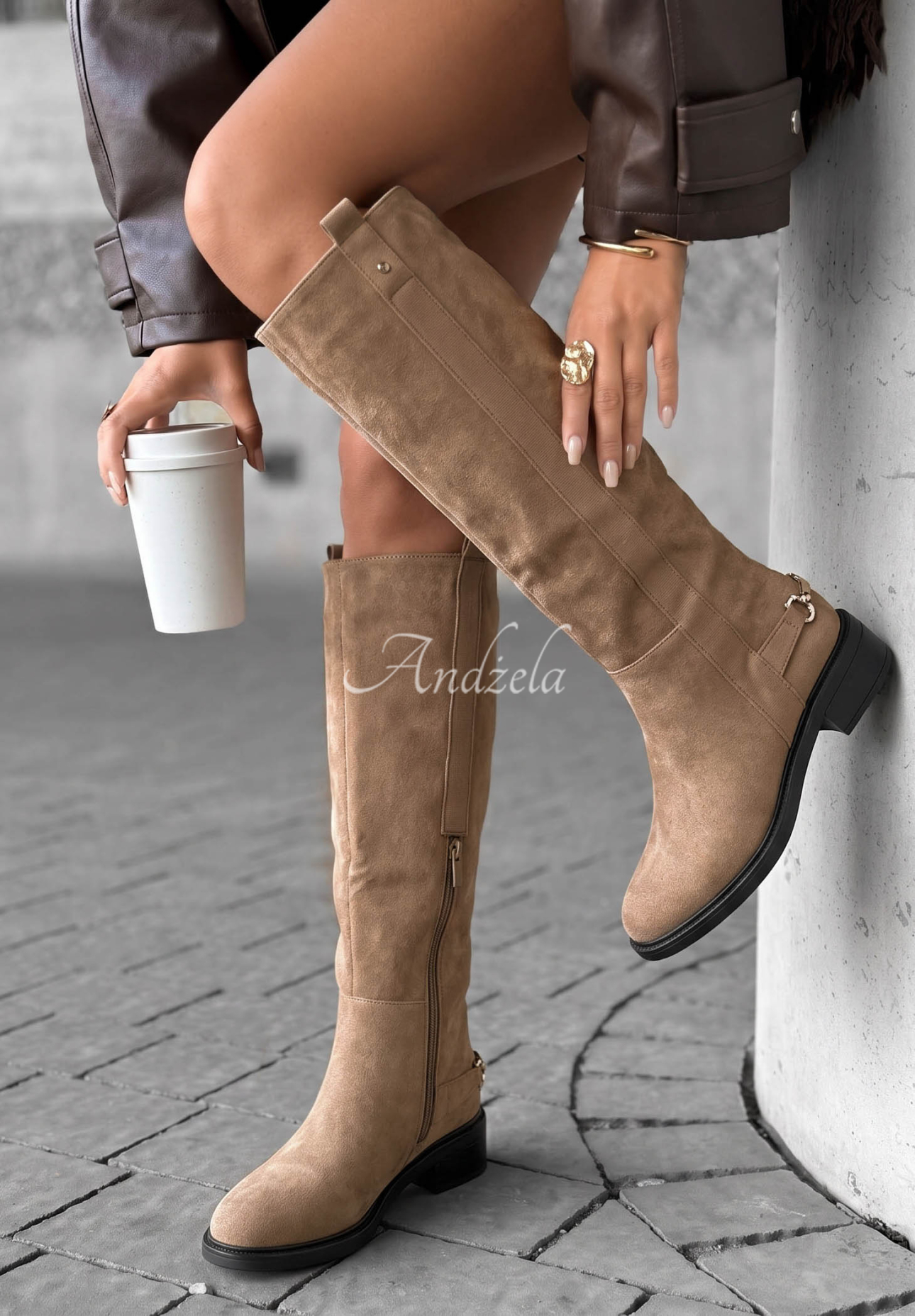 Dlouhé semišové jezdecké kozačky Amber Step béžové