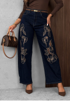 Kalhoty džínové  wide leg z haftami Soft Mist granátové