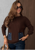 Vroubkovaný Svetr z jeansowymi kieszeniami Cozy Grace čokoládový