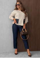 Vroubkovaný Svetr z jeansowymi kieszeniami Cozy Grace čokoládový