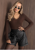 Halenka longsleeve z dekoltem i koronką Soft Beauty čokoládová