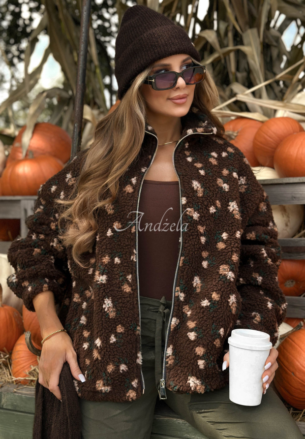 Kož&iacute;&scaron;kov&aacute; bunda se stoj&aacute;čkem a květinov&yacute;m vzorem Comfy Bloom čokol&aacute;dov&aacute;