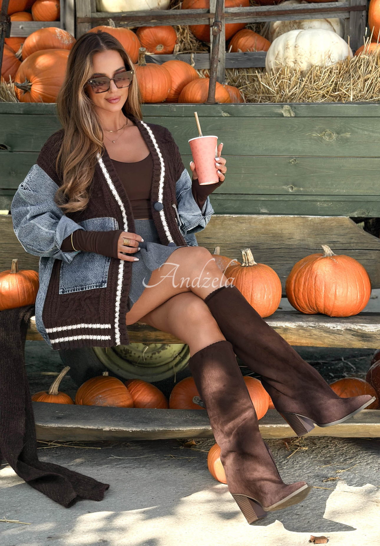 Bavlněný kardigan s džínovými prvky Morning Streets čokoládový