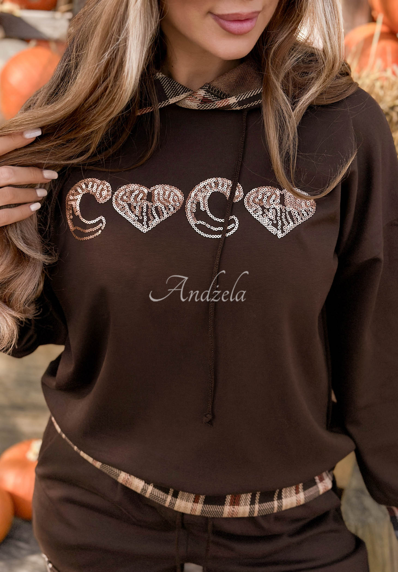 Viskózová mikina s kapucí s kostkovaným vzorem Coco Love čokoládová