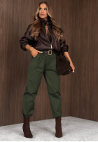 Bawełniane Kalhoty mom fit z paskiem Casual Look khaki