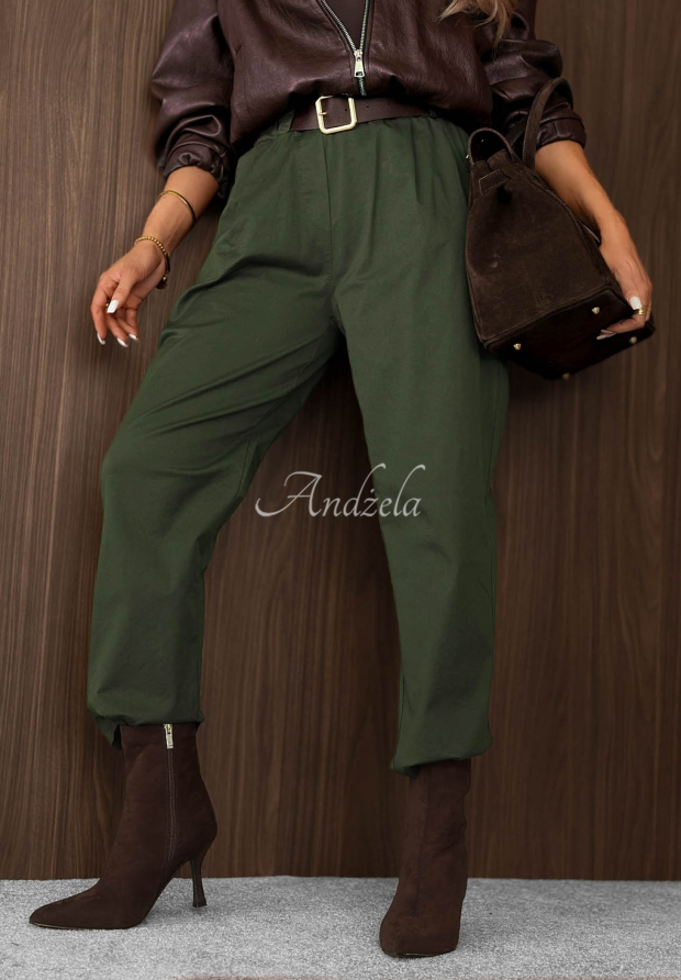 Bavlněn&eacute; kalhoty mom fit s p&aacute;skem Casual Look khaki