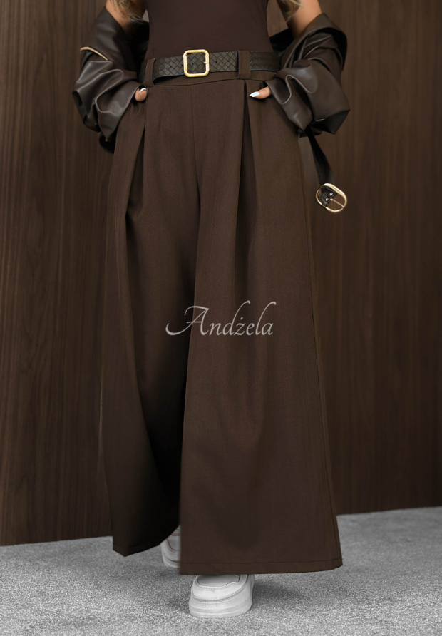 L&aacute;tkov&eacute; kalhoty wide leg s p&aacute;skem Simple Elegance čokol&aacute;dov&eacute;
