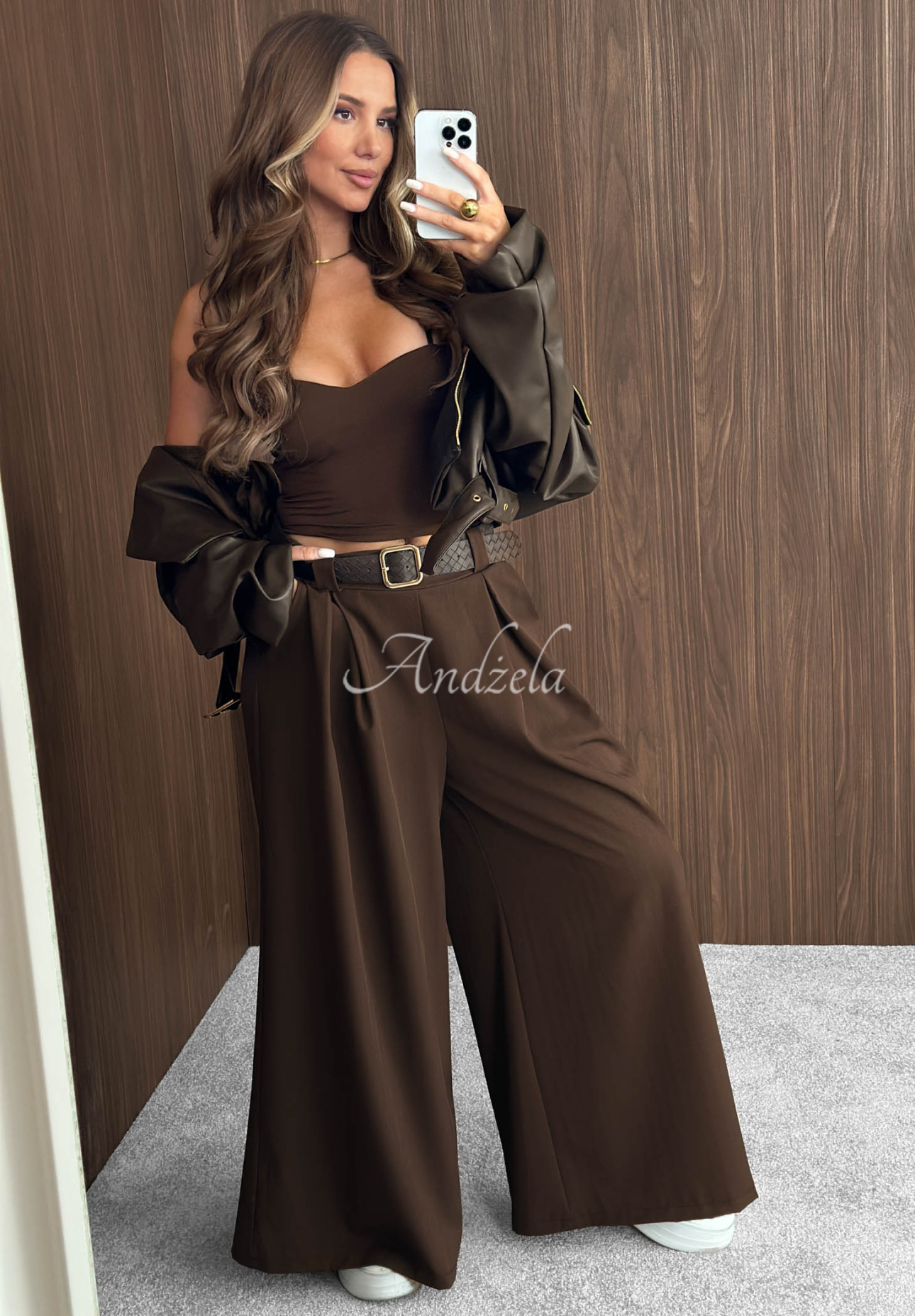 Látkové kalhoty wide leg s páskem Simple Elegance čokoládové