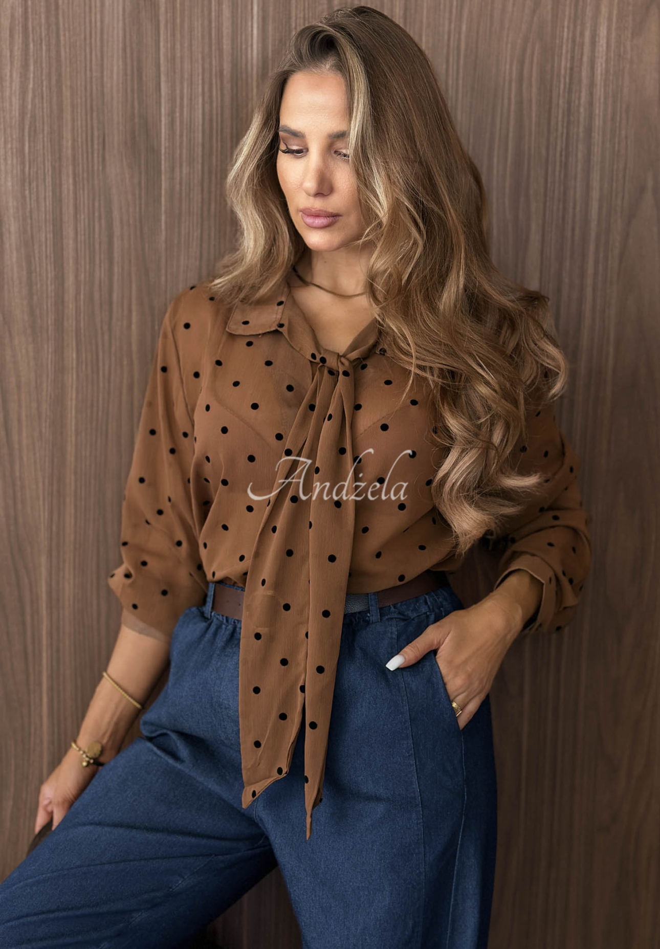 Košile s vázáním a puntíky Dear Autumn velbloudí