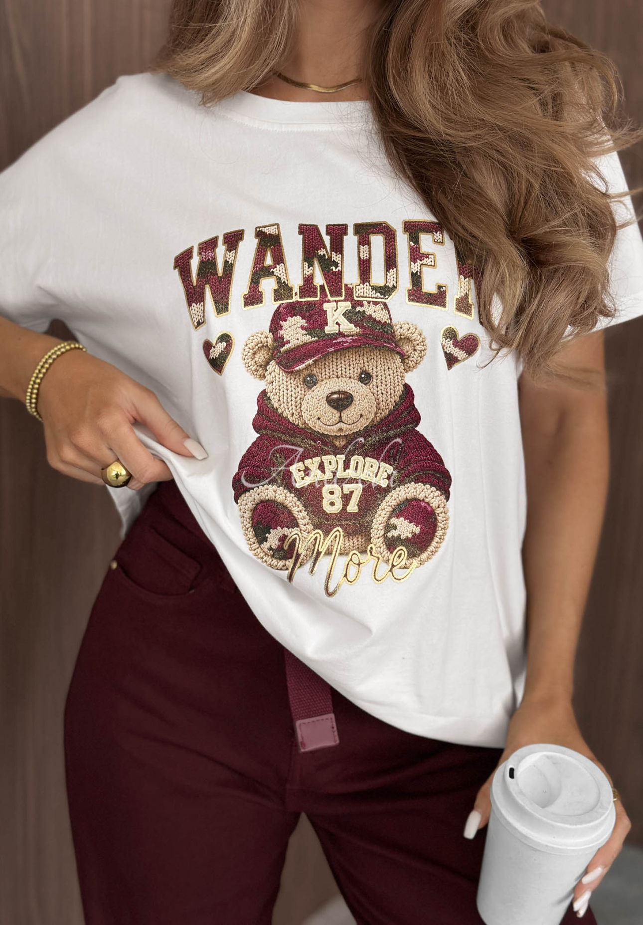 Bavlněné tričko s potiskem Wander Bear ecru