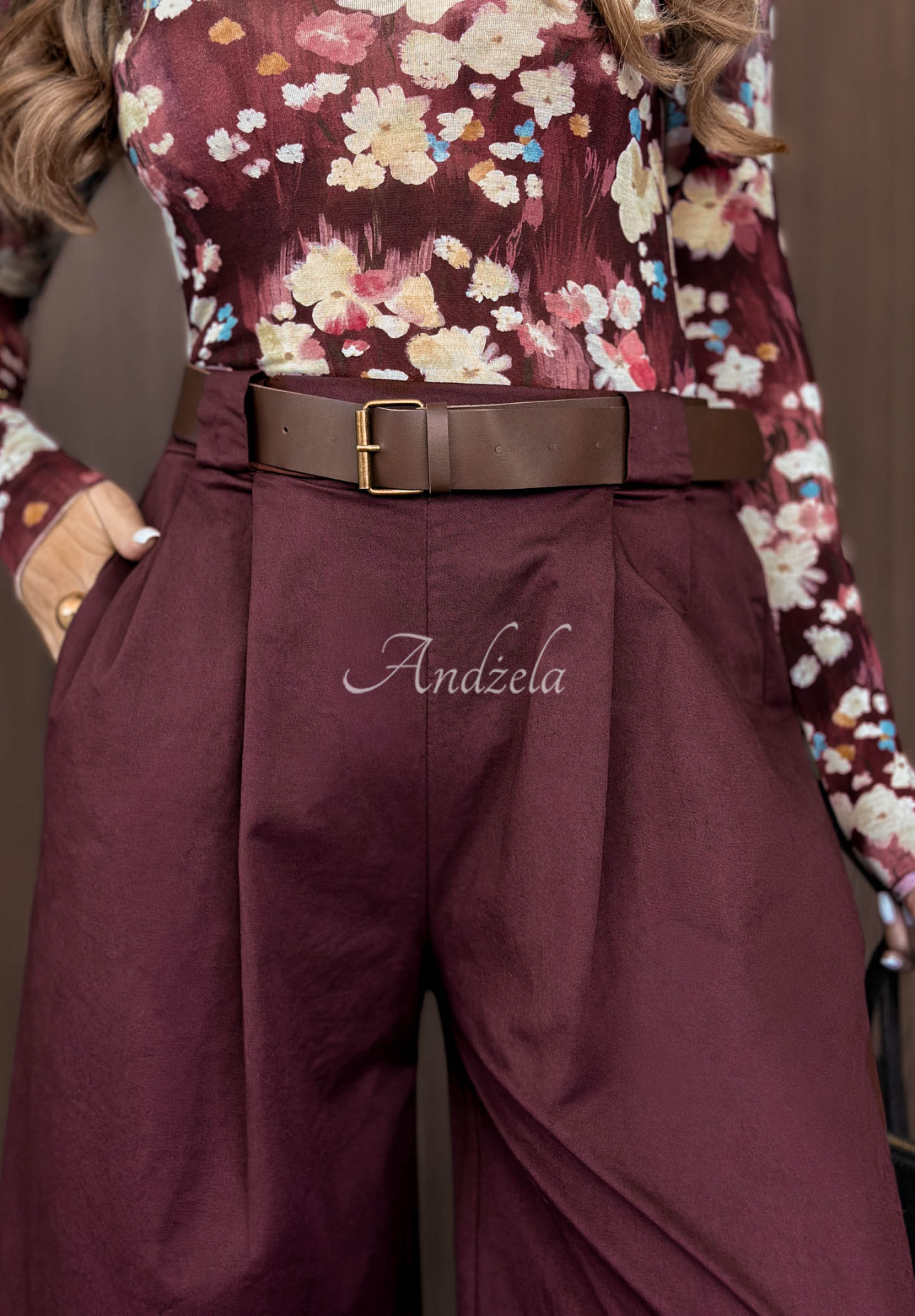 Bavlněné kalhoty wide leg s páskem Iconic Style borůvkové