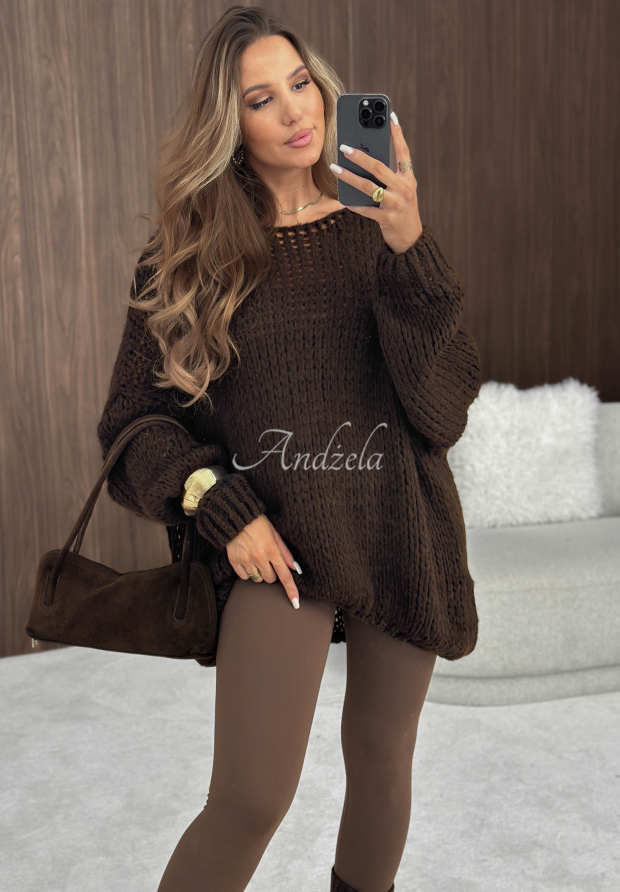 Měkk&yacute; oversize svetr s vlnou a visk&oacute;zou Sugar Babe čokol&aacute;dov&yacute;