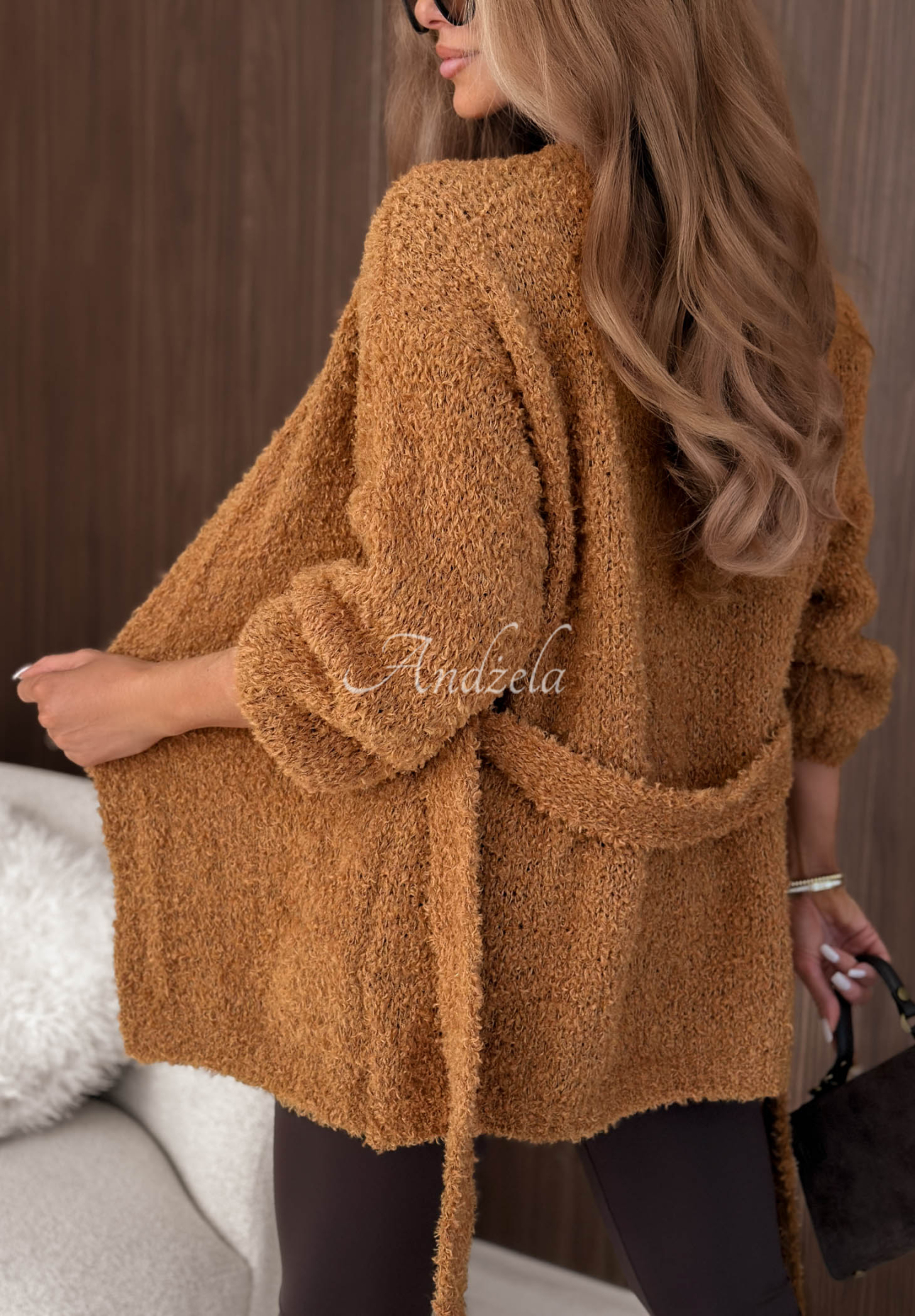 Kardigan se zavazováním, vlnou a mohérem Soft Whimsy velbloudí