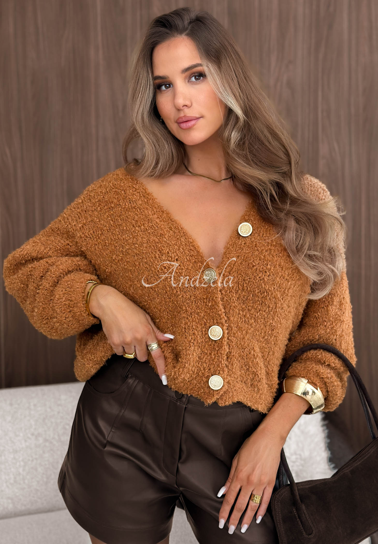 Krátký kardigan s vlnou a mohérem Rainy Caramel velbloudí