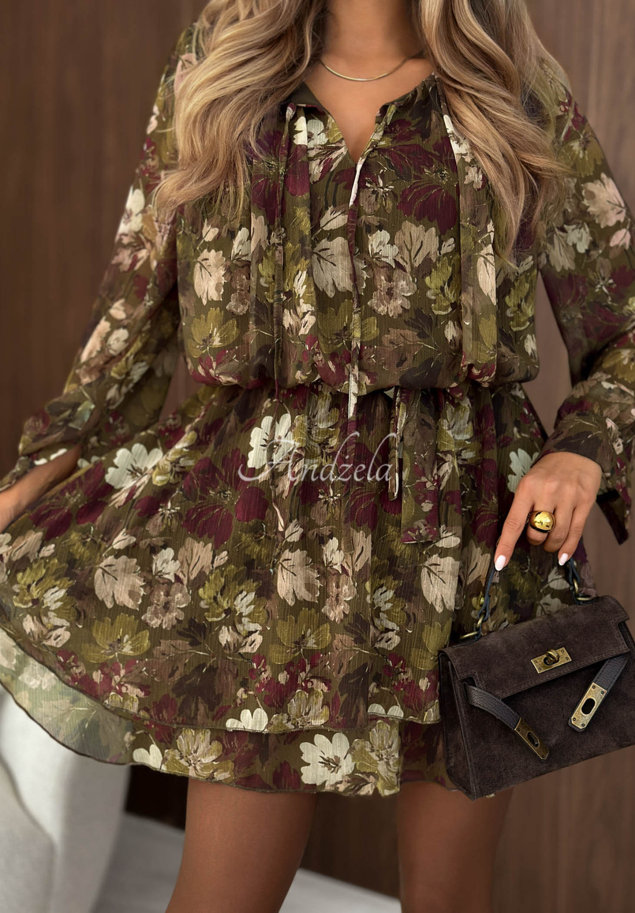 Květinové mini šaty s páskem Fall Bouquet khaki