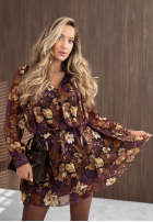 Kwiecista Šaty mini z paskiem Fall Bouquet čokoládová