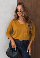Halenka longsleeve z dekoltem i cekinami Last Sunrays velbloudí