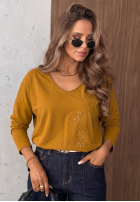 Halenka longsleeve z dekoltem i cekinami Last Sunrays velbloudí