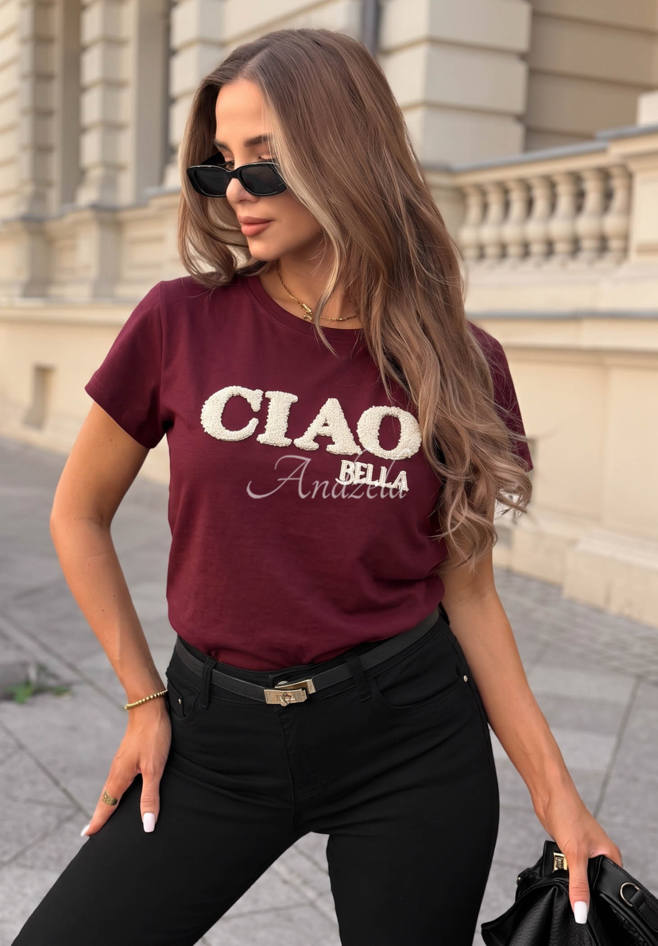 Bavlněné tričko s nápisem Ciao Bella vínový