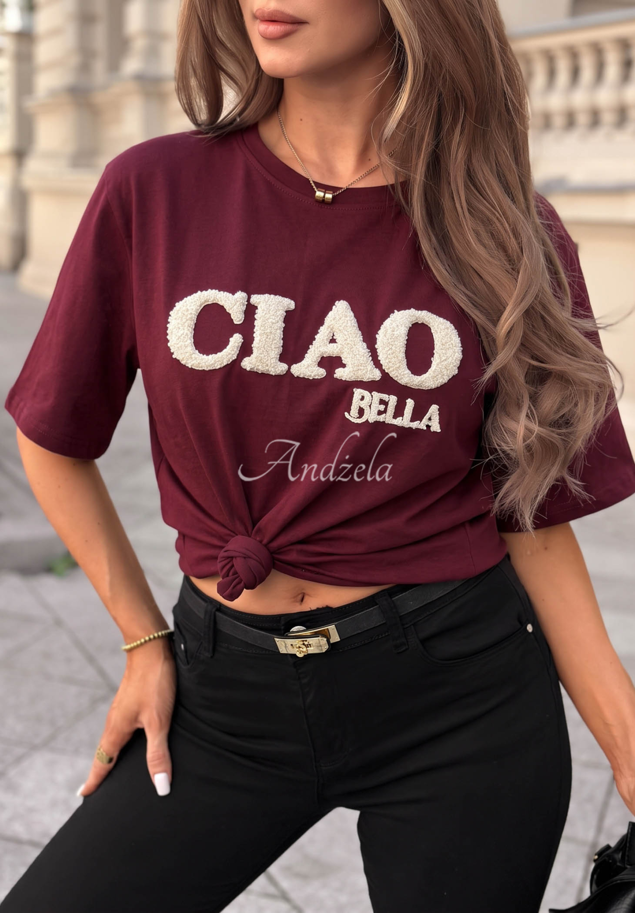 Bavlněné tričko s nápisem Ciao Bella vínový