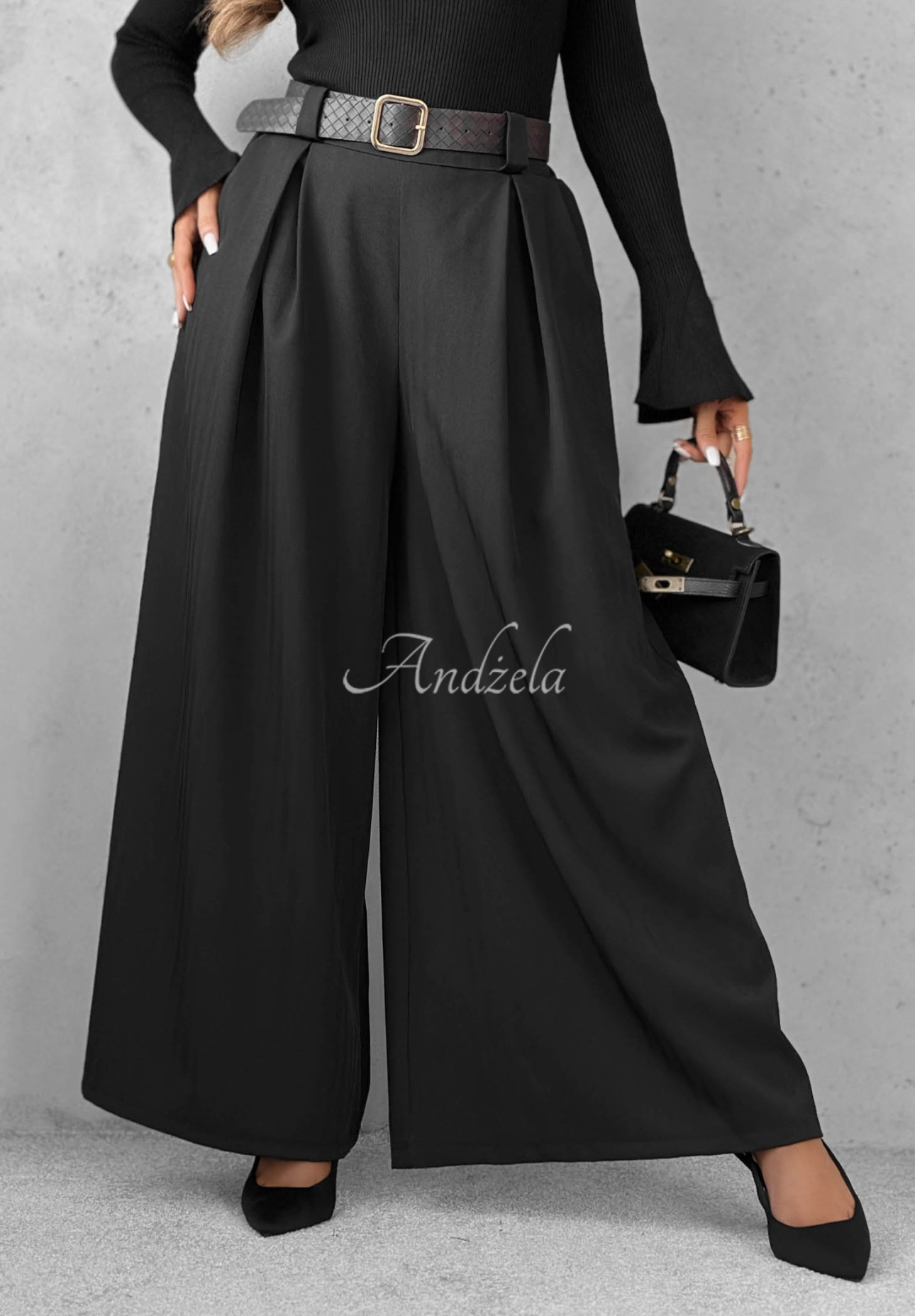 Látkové kalhoty wide leg s páskem Simple Elegance černé