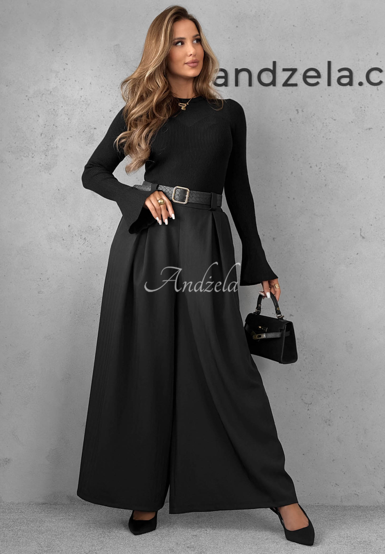 Látkové kalhoty wide leg s páskem Simple Elegance černé