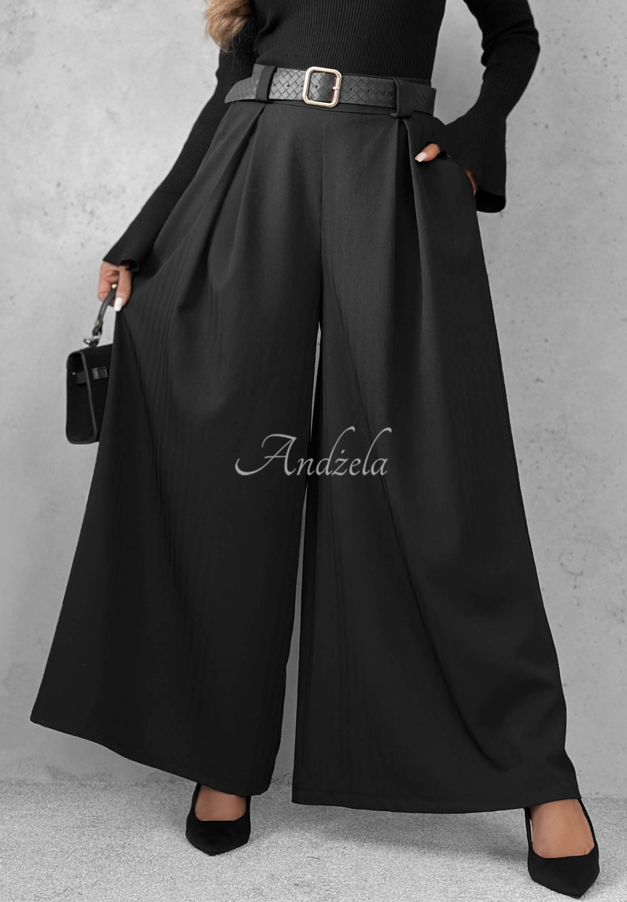 Látkové kalhoty wide leg s páskem Simple Elegance černé