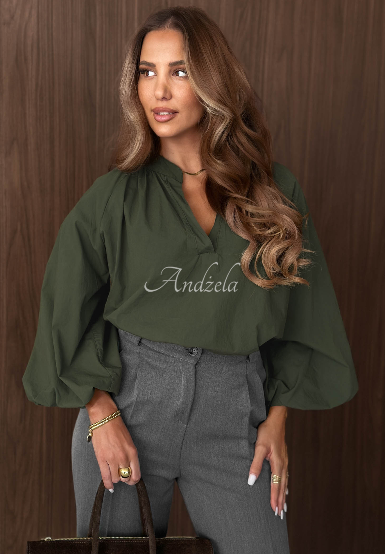 Bavlněná košile s nabíranými rukávy Autumn Bella khaki