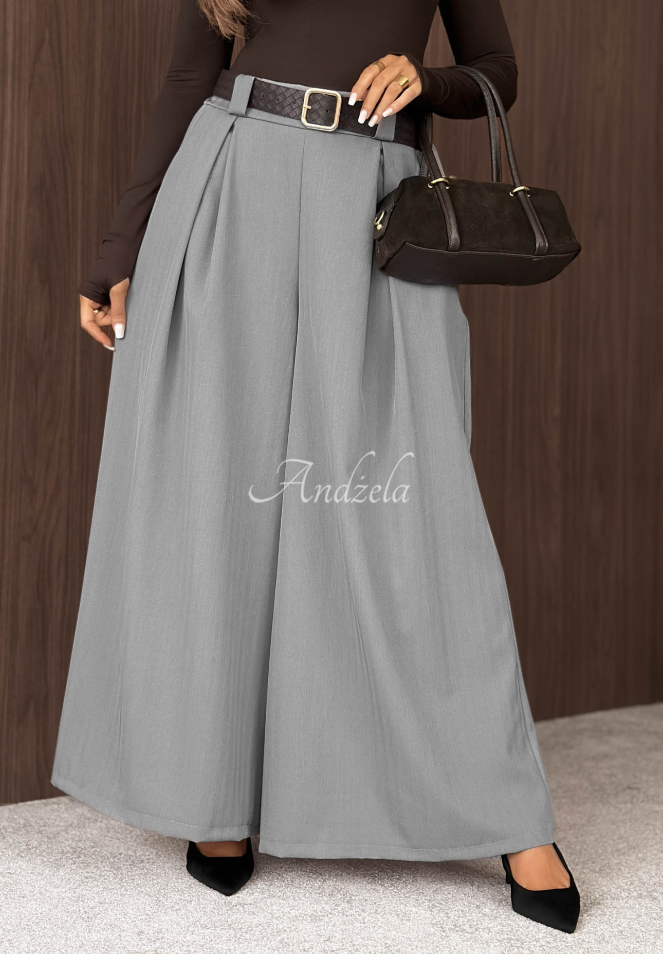 Látkové kalhoty wide leg s páskem Simple Elegance šedé