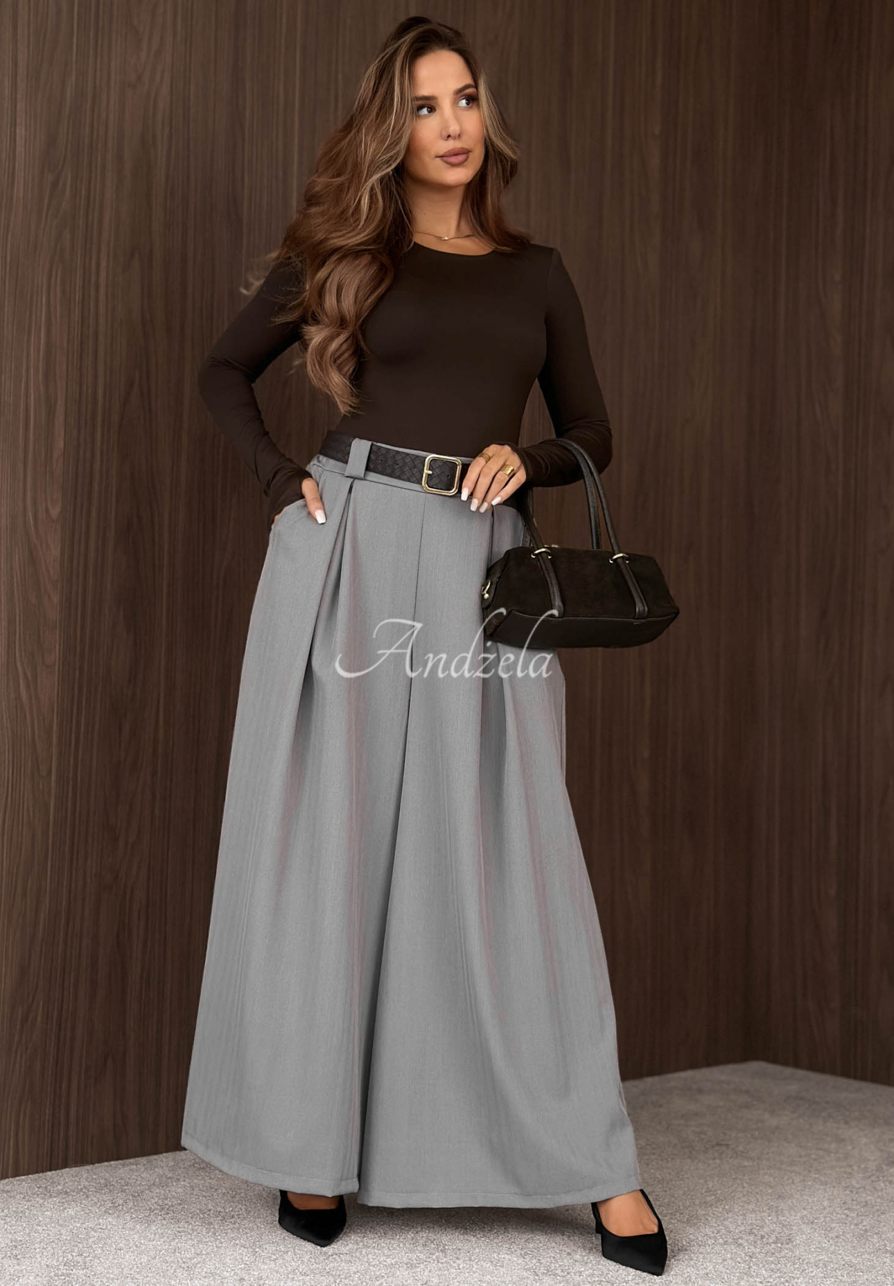 Látkové kalhoty wide leg s páskem Simple Elegance šedé