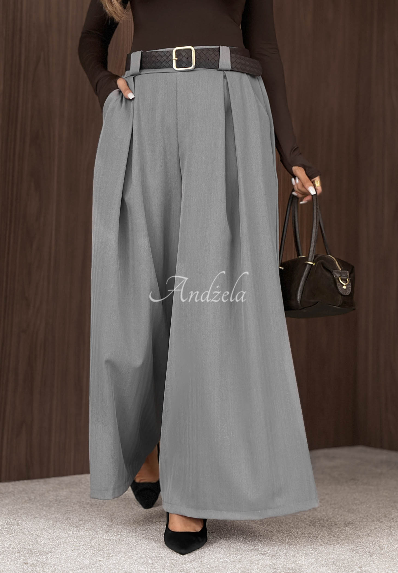 Látkové kalhoty wide leg s páskem Simple Elegance šedé