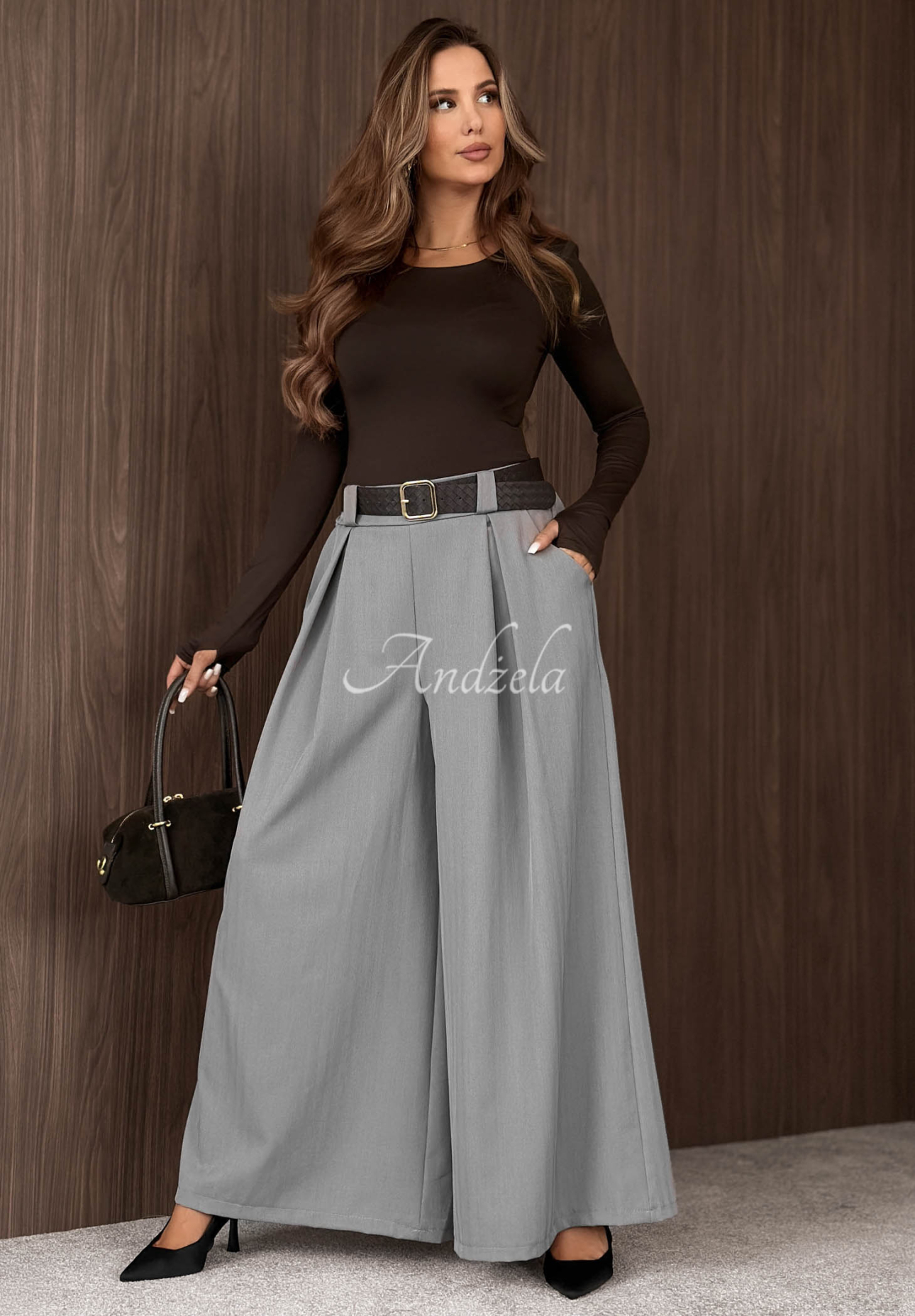 Látkové kalhoty wide leg s páskem Simple Elegance šedé