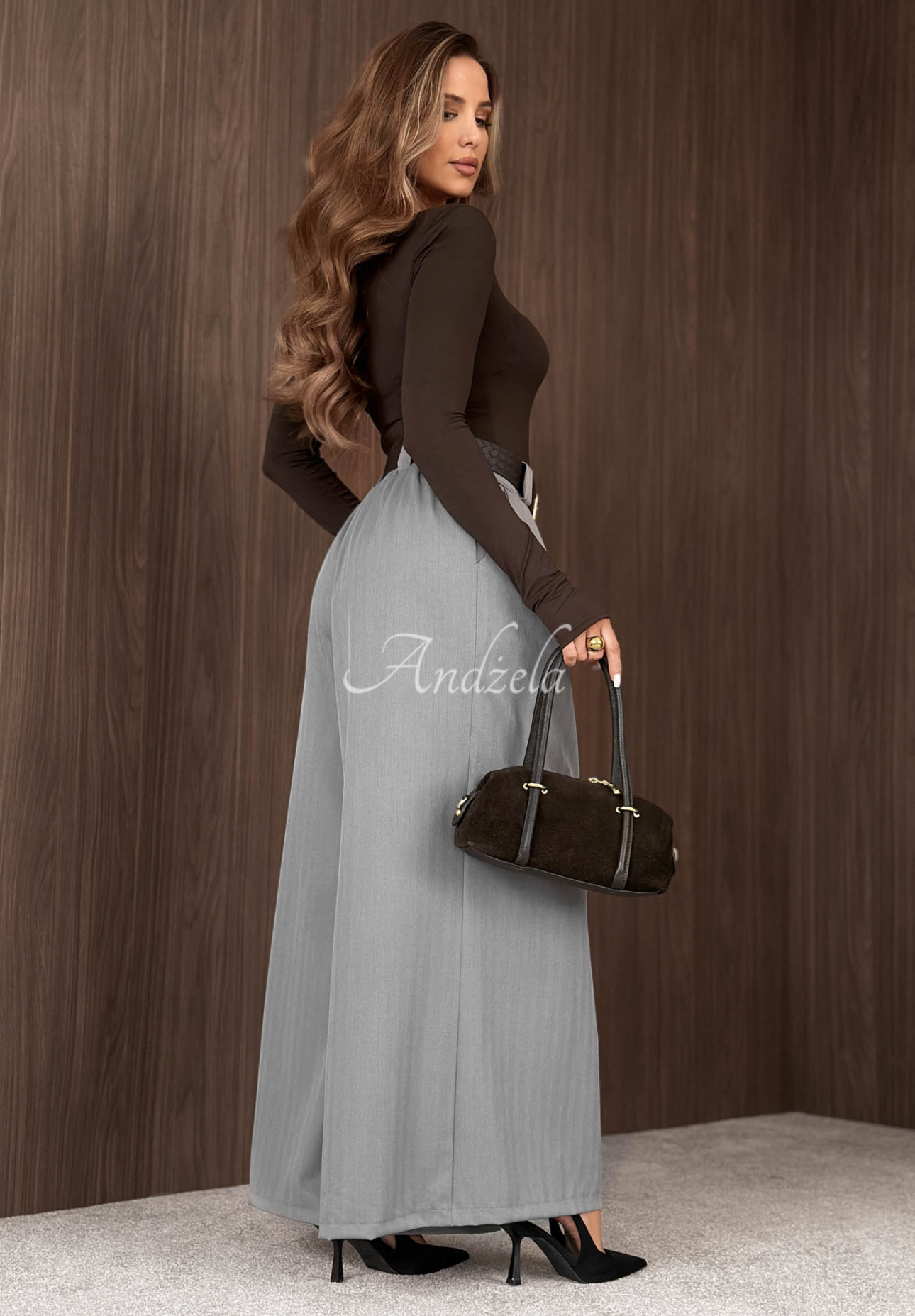 Látkové kalhoty wide leg s páskem Simple Elegance šedé