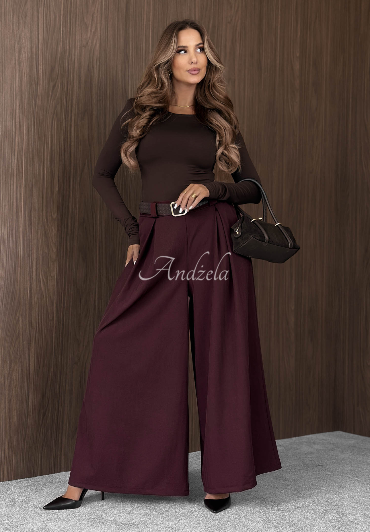 Látkové kalhoty wide leg s páskem Simple Elegance vínové